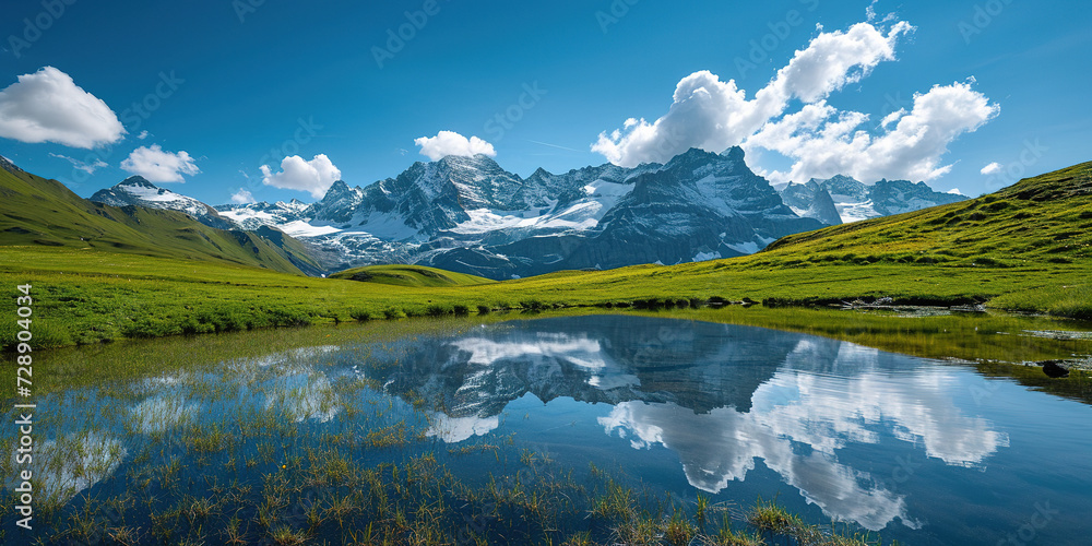 Swiss Alps mountain range with lush forest valleys and meadows, countryside in Switzerland landscape. Serene idyllic panorama, majestic nature, relaxation, calmness concept