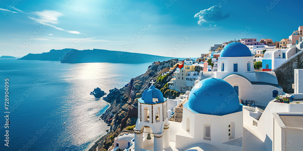 Santorini Thira island in southern Aegean Sea, Greece daytime. Fira and Oia town with white houses overlooking cliffs, beaches, and small islands panorama background wallpaper - obrazy, fototapety, plakaty 