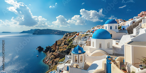 Santorini Thira island in southern Aegean Sea  Greece daytime. Fira and Oia town with white houses overlooking cliffs  beaches  and small islands panorama background wallpaper