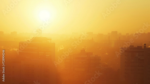 The warm glow of a sunrise casting a dreamy haze over the urban landscape.
