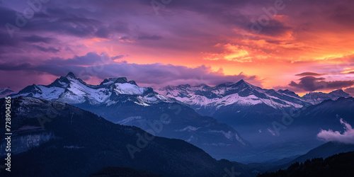 Swiss Alps snowy mountain range with valleys and meadows, countryside in Switzerland landscape. Golden hour majestic fiery sunset sky, travel destination wallpaper background © Gajus