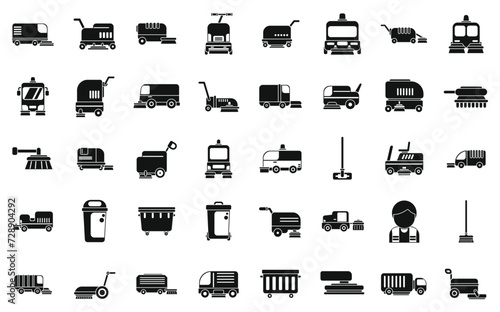 Sweeper icons set simple vector. Street truck machine. Broom clean road