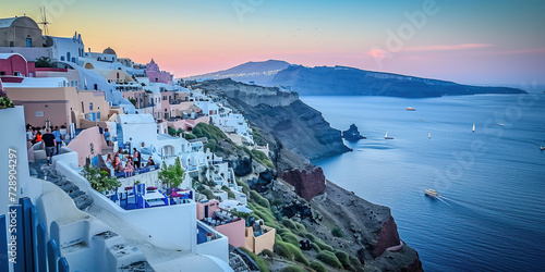 Santorini Thira island in southern Aegean Sea, Greece daytime. Fira and Oia town with white houses overlooking cliffs, beaches, and small islands panorama background wallpaper