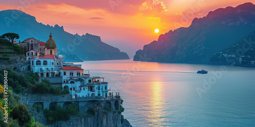Amalfi coast coastline in Sorrentine Peninsula, Campania region, Italy. Holiday destination shoreline with hills, beaches, and cliffs, sea view, sunset golden hour wallpaper © Gajus