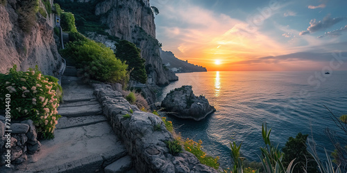 Amalfi coast coastline in Sorrentine Peninsula, Campania region, Italy. Holiday destination shoreline with hills, beaches, and cliffs, sea view, sunset golden hour wallpaper