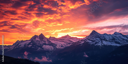 Swiss Alps snowy mountain range with valleys and meadows, countryside in Switzerland landscape. Golden hour majestic fiery sunset sky, travel destination wallpaper background © Ars Nova