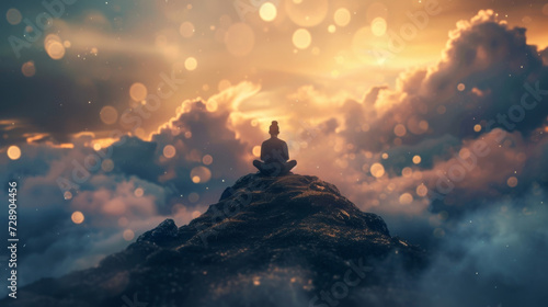 A solitary figure sitting atop a mountaintop amidst a backdrop of swirling clouds and streaks of light signifying the union of the physical and spiritual realms through meditative