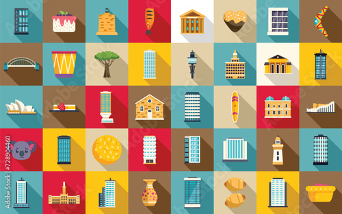 Sydney icons set flat vector. Australia city. Building architecture house
