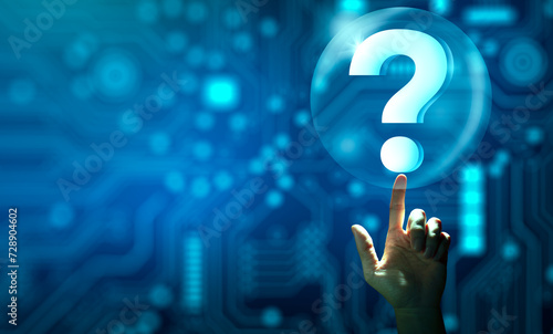 Man hand holding digital question mark holographic. Abstract Technology background. Q and A discussion. FAQ, Support, Question and Answer. Help service business Concept