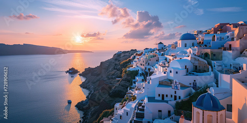 Santorini Thira island in southern Aegean Sea, Greece sunset. Fira and Oia town with white houses overlooking cliffs, beaches, and small islands panorama background wallpaper