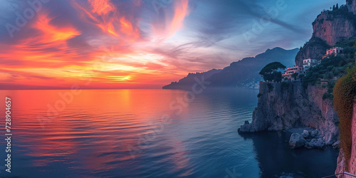 Amalfi coast coastline in Sorrentine Peninsula  Campania region  Italy. Holiday destination shoreline with hills  beaches  and cliffs  sea view  sunset golden hour wallpaper