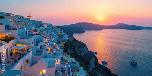 Santorini Thira island in southern Aegean Sea, Greece sunset. Fira and Oia town with white houses overlooking cliffs, beaches, and small islands panorama background wallpaper