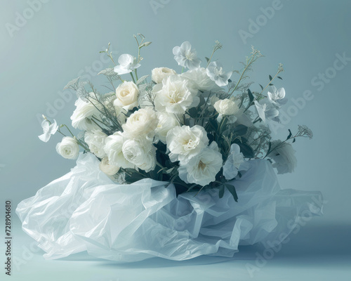 Bouquet of white spring flowers on pastel blue background as decorative wallpaper illustration
