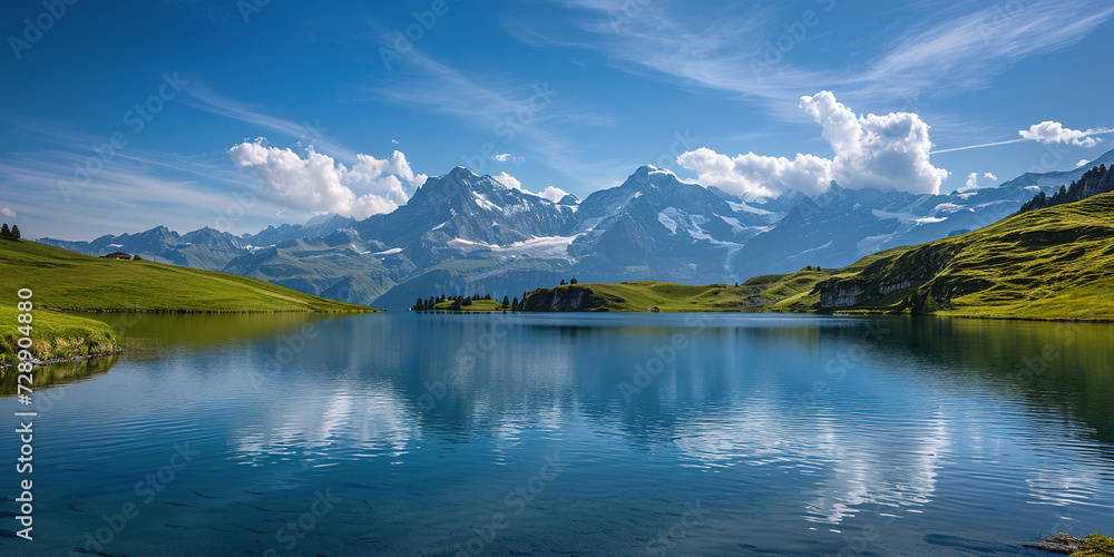 Swiss Alps mountain range with lush forest valleys and meadows, countryside in Switzerland landscape. Serene idyllic panorama, majestic nature, relaxation, calmness concept