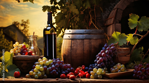 Bottles and Wineglasses with Grapes and Barrel