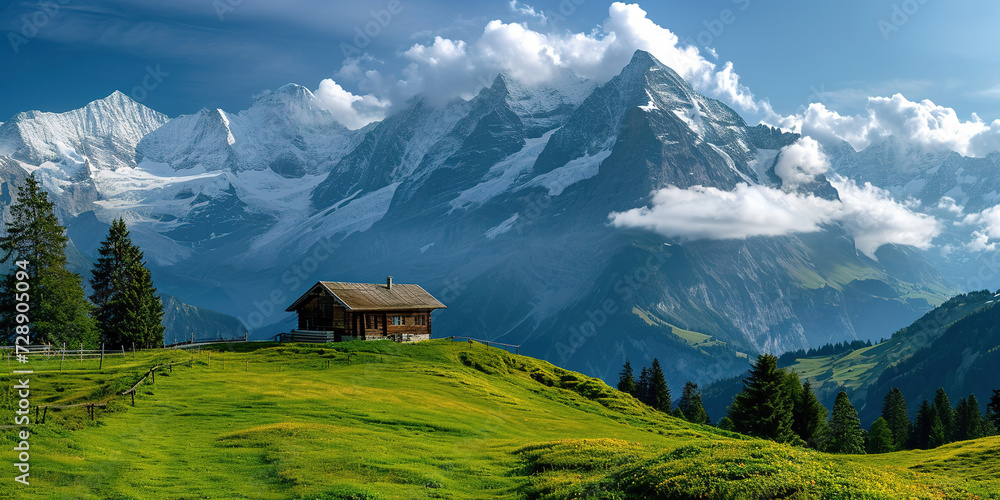 Swiss Alps mountain range with lush forest valleys and meadows, countryside in Switzerland landscape. Snowy mountain tops in the horizon, travel destination wallpaper background