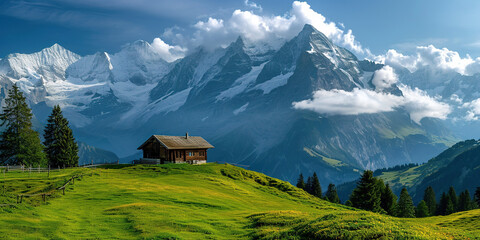 Swiss Alps mountain range with lush forest valleys and meadows, countryside in Switzerland landscape. Snowy mountain tops in the horizon, travel destination wallpaper background