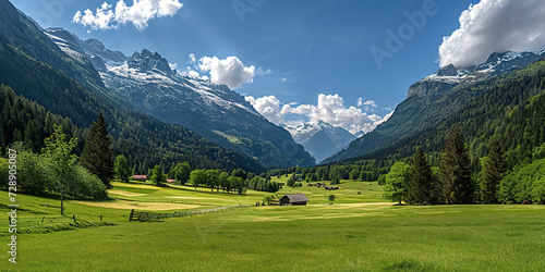 Swiss Alps mountain range with lush forest valleys and meadows, countryside in Switzerland landscape. Snowy mountain tops in the horizon, travel destination wallpaper background