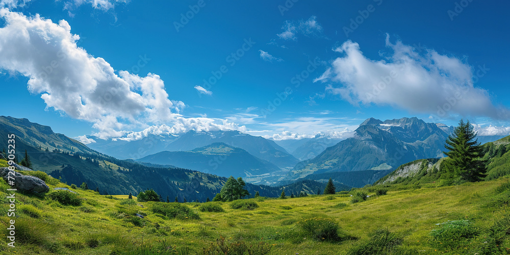 Swiss Alps mountain range with lush forest valleys and meadows, countryside in Switzerland landscape. Snowy mountain tops in the horizon, travel destination wallpaper background