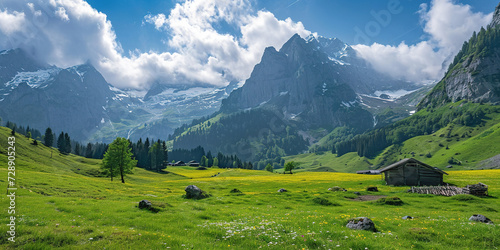 Swiss Alps mountain range with lush forest valleys and meadows  countryside in Switzerland landscape. Snowy mountain tops in the horizon  travel destination wallpaper background