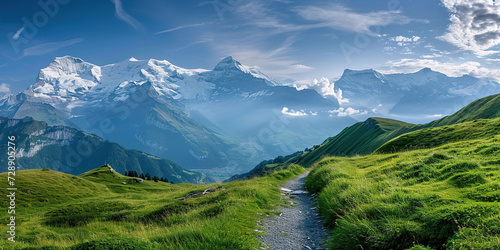 Swiss Alps mountain range with lush forest valleys and meadows, countryside in Switzerland landscape. Snowy mountain tops in the horizon, travel destination wallpaper background © Ars Nova