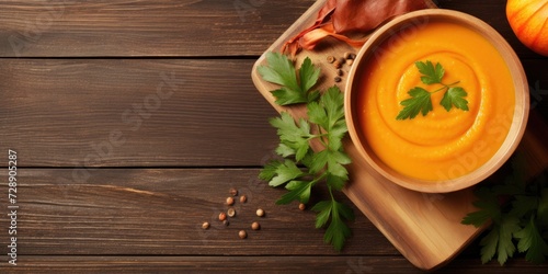 Autumn soup, made with pumpkin and carrots, served on a wooden table. Top view, flat lay, plenty of space for text.