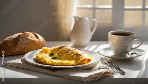 Omelete em um prato branco. Mesa branca com pães e xícara de café. Guardanapo. photo