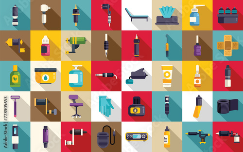 Tattoo equipment icons set flat vector. Machine needle. Studio tool fashion