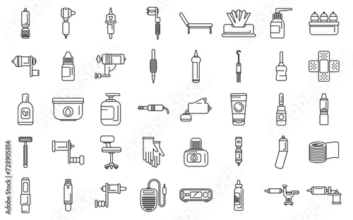 Tattoo equipment icons set outline vector. Machine needle. Studio tool fashion