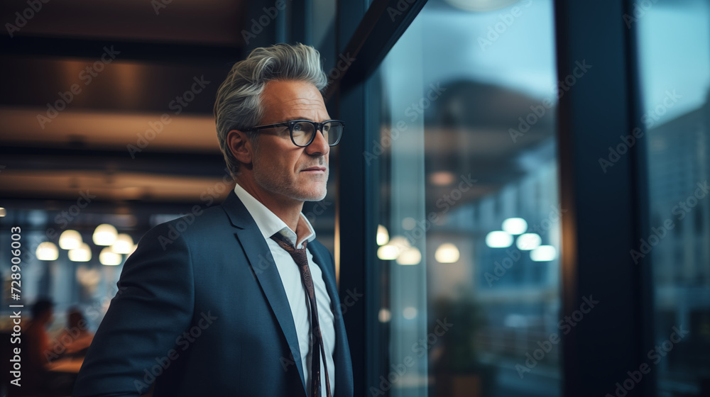 Mature businessman looking through the window of his office Mature businessman looking through the window of his office