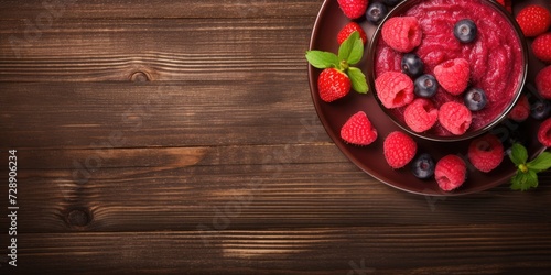 Top view of a wooden table with a bowl of berries and raspberry smoothie.