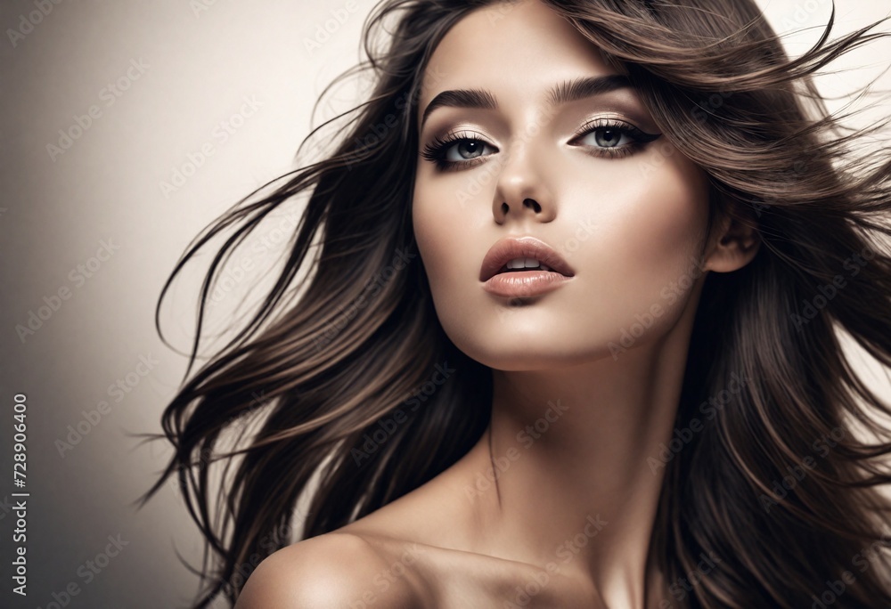 Glamorous Beauty Portrait: Female Model with Flowing Hair and Makeup Glamorous Beauty Portrait: Female Model with Flowing Hair and Makeup