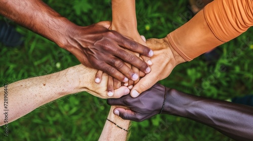 group of young people putting hands together teamwork of different ethnicities and religions in a park photo