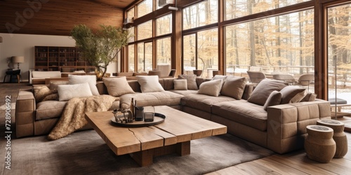 Rustic living room with large, modern brown sofas.