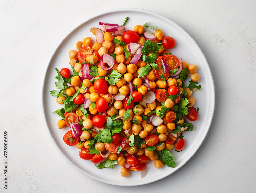 Chickpea salad on a plate, with tomatoes and veggies, seen from above, healthy food vegetarian dish top view