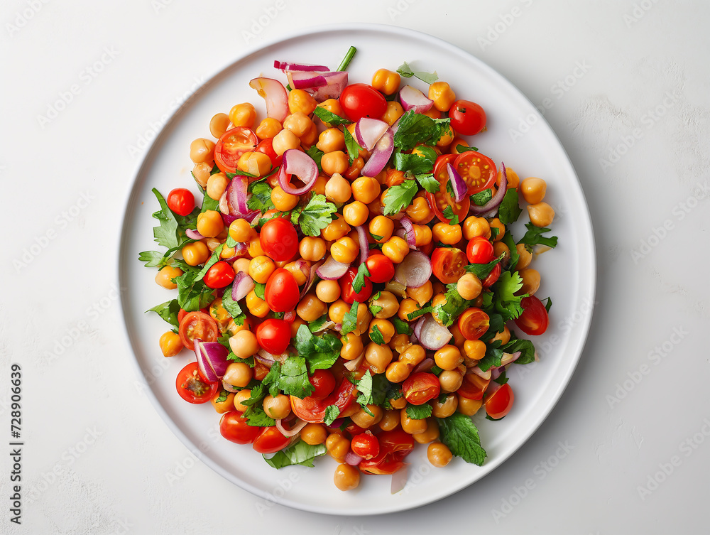 Chickpea salad on a plate, with tomatoes and veggies, seen from above, healthy food vegetarian dish top view Chickpea salad on a plate, with tomatoes and veggies, seen from above, healthy food vegetarian dish top view