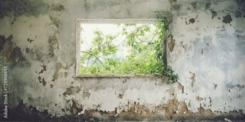 Abandoned house wall, white paint peeling, open window with nature view. © Lasvu