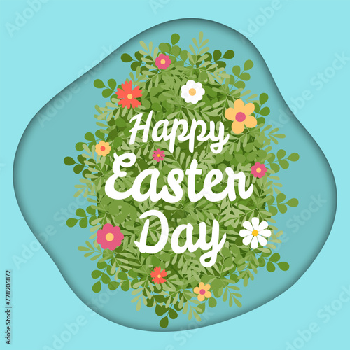 Easter card paper cut style frame, spring flowers. Vector illustration. Happy Easter poster or banner and card template. Greetings for Easter Day promotion and shopping template for Easter.