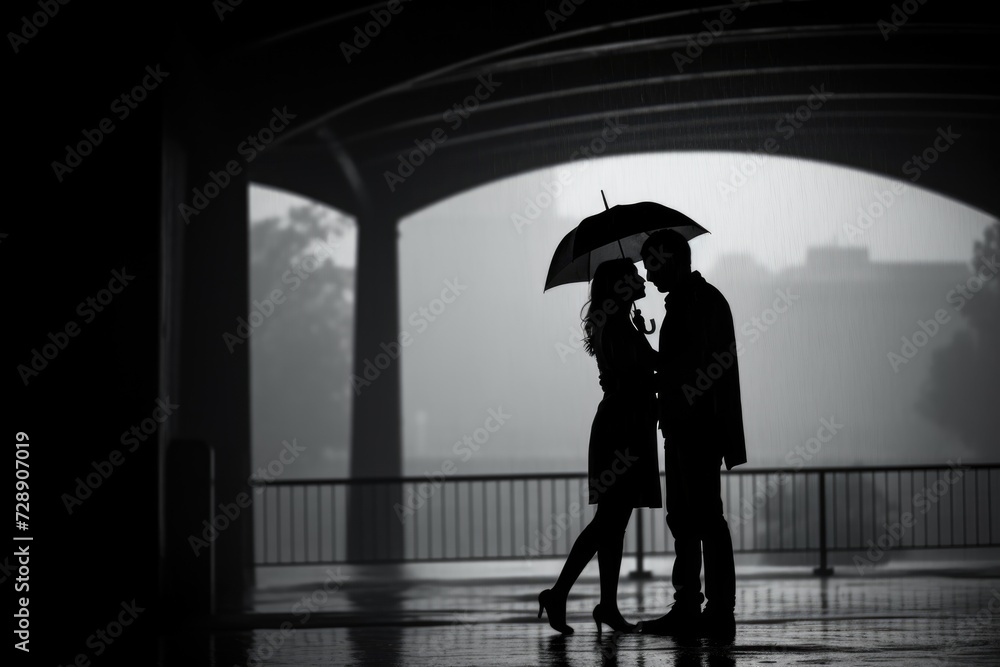 Silhouettes couple of lovers hugging under a bridge under the rain, laughing and having fun Silhouettes couple of lovers hugging under a bridge under the rain, laughing and having fun