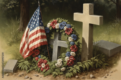 Memorial Day concept illustration of a soldiers grave with a wreath and an American flag in a vintage art style.