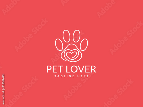 pet love logo vector illustration. line paw heart logo template