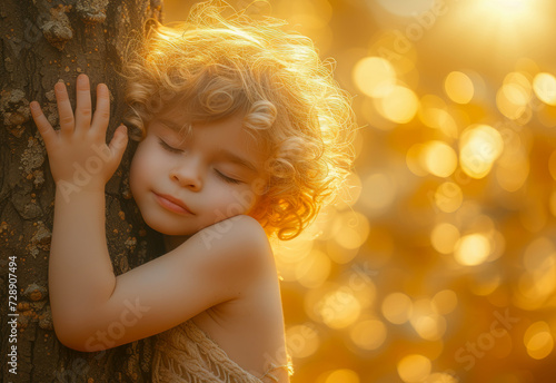 Child hugging the Tree embracing the Sunset during the Golden Hour - Loving the nature concept with room for copy