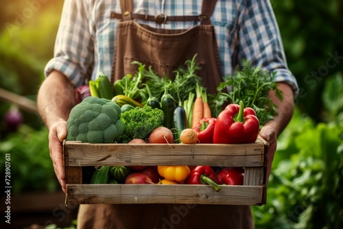 A box with a harvest in the hands of a farmer. Background with selective focus and copy space