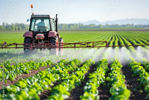 A tractor irrigates the soil with fertilizer. Background with selective focus and copy space © top images