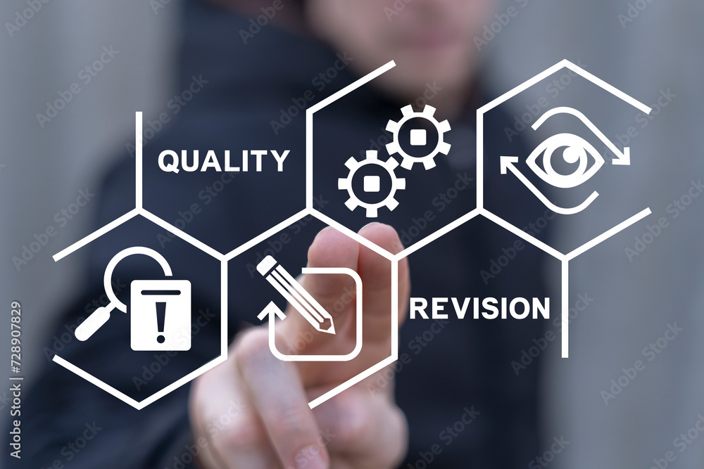 Man using virtual touch screen sees inscription: QUALITY REVISION. Business legal document expertise or inspection concept of order review, corporate file quality revision, law agreement research. Man using virtual touch screen sees inscription: QUALITY REVISION. Business legal document expertise or inspection concept of order review, corporate file quality revision, law agreement research.