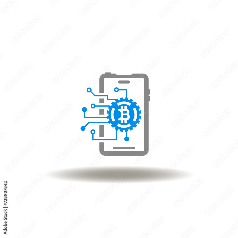 Vector illustration of smartphone with bitcoin and circuit pattern. Symbol of crypto wallet. Icon of cryptocurrency apps. Vector illustration of smartphone with bitcoin and circuit pattern. Symbol of crypto wallet. Icon of cryptocurrency apps.