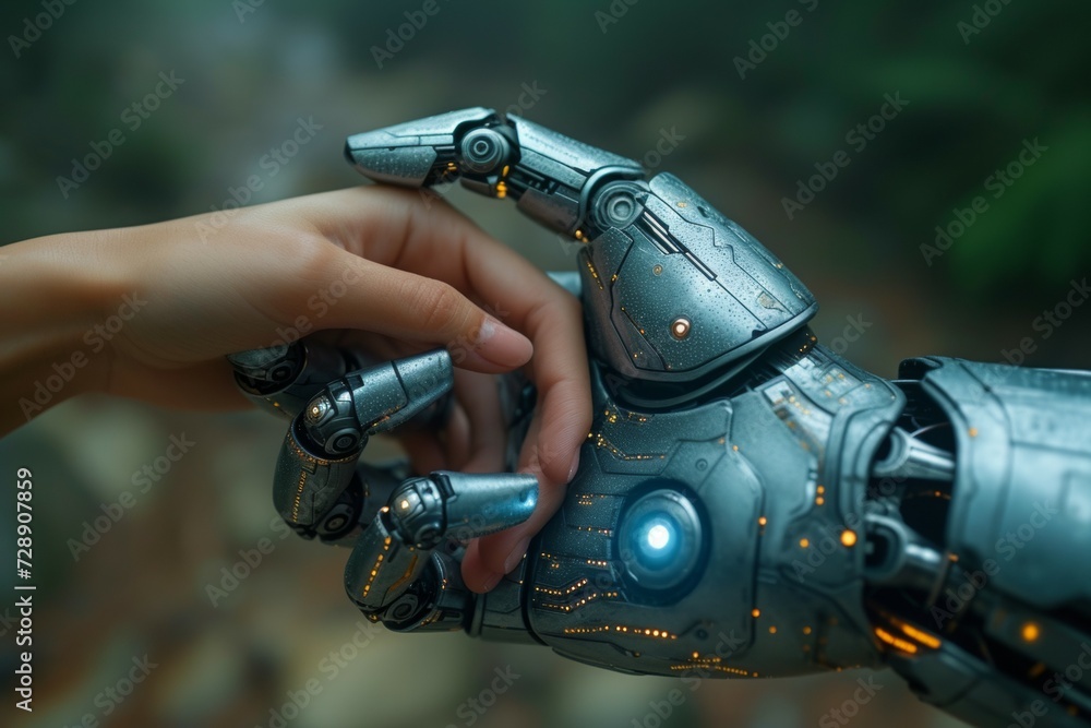 The gentle touch of a human on a robot. Background with selective focus and copy space