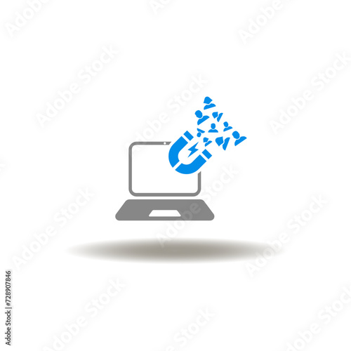 Vector illustration of laptop and magnet with clients magnetically attracted. Icon of customer retention. Symbol of web marketing acquisition strategy.