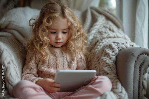 A child girl using a tablet on a sofa, lifestyle