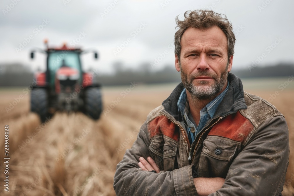 Portrait of a male farmer. Background with selective focus and copy space